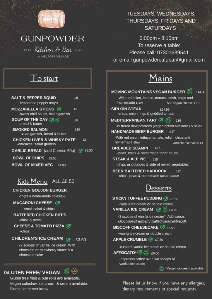 Gunpowder Kitchen & Bar Sample Menu
