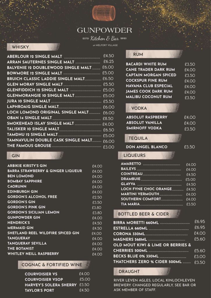 Gunpowder Kitchen & Bar at Melfort Village Drinks List