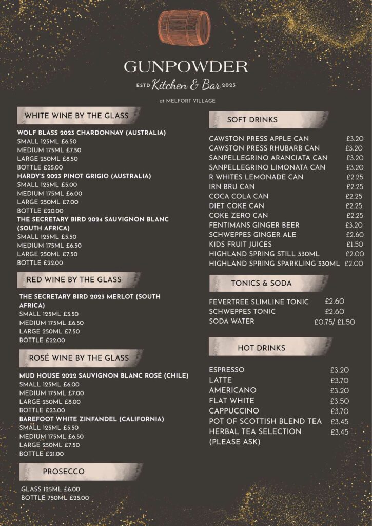 Gunpowder Kitchen & Bar at Melfort Village Drinks List